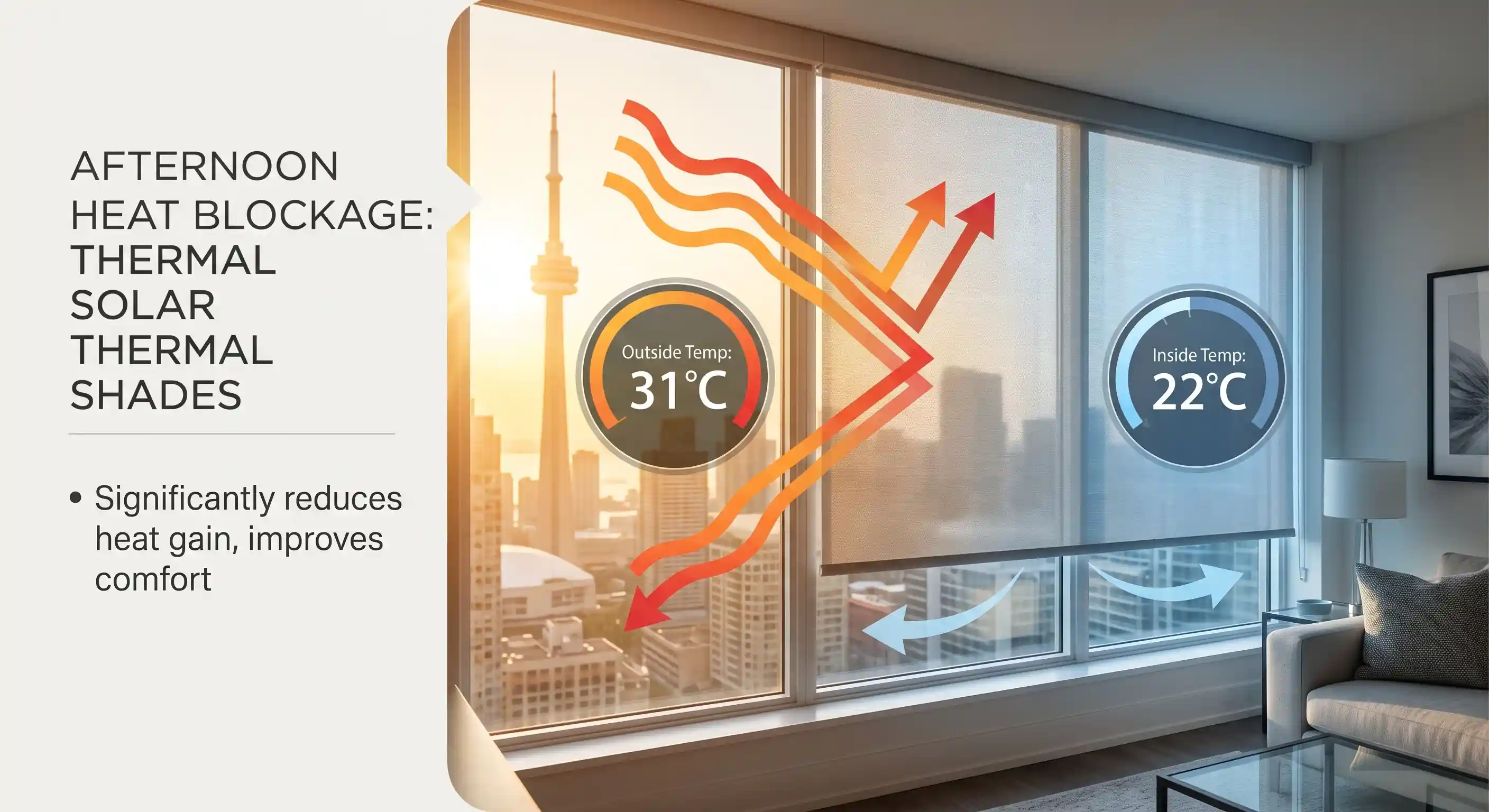 Energy efficient solar window shades blocking heat in a Toronto home